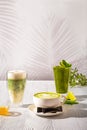 Assortment of matcha green tea beverages - ice green tea, frappe and hot milk green tea Royalty Free Stock Photo