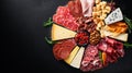 Assortment of meat and cheese on a black background. Ham, prosciutto, salami, parmesan, jamon, bacon. Top view. Generative AI