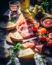 an assortment of meat cheese and fruit on a cutting board Royalty Free Stock Photo