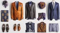 An assortment of men\'s business attire, featuring tailored suits in orange, grey, and blue, complemented by patterned