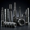 An assortment of metal machine components displayed against a dark background. Royalty Free Stock Photo