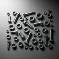 An assortment of metallic hexagonal bolts and nuts arranged on a smooth, gray surface. The component Royalty Free Stock Photo