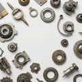 An assortment of metallic mechanical components arranged on a white background. Royalty Free Stock Photo
