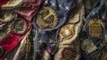 Assortment Of Military Medals And Insignia Displayed On A Crumpled American Flag Background Royalty Free Stock Photo