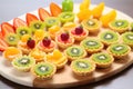 an assortment of mini tarts with kiwi, orange, and apple pieces Royalty Free Stock Photo