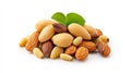 Assortment of mixed nuts with almond pine nuts and a fresh green leaf Royalty Free Stock Photo