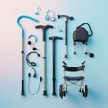 Assortment of Mobility Aids and Hearing Devices Arranged on a Light Blue Background walking cane Royalty Free Stock Photo