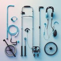 Assortment of Mobility Aids and Hearing Devices on a Light Blue Background walking cane walker Royalty Free Stock Photo