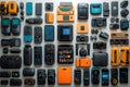 Assortment of modern electronic devices arranged on white surface Royalty Free Stock Photo