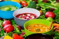 Assortment multi colored soups of vegetable cream soup on ingredients for soup background