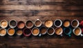 Assortment of multiple coffee mugs with an inviting overhead view on a rustic wooden table Royalty Free Stock Photo