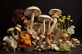 An assortment of mushrooms. Different fresh wild mushrooms. Generative AI