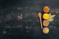 Assortment of mustard in sauces. Spices