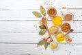 Assortment of mustard in sauces. Spices On a white wooden background.