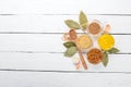 Assortment of mustard in sauces. Spices On a black wooden background.