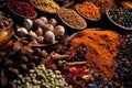 Assortment of natural ayurvedic spices on dark rustic stone background, Healthy spice concept. AI Generative.