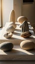 Assortment of natural stones and rocks displayed on a light-colored stone table with sunlight Royalty Free Stock Photo