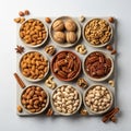 The bowls contain almonds, walnuts, pecans, hazelnuts, pistachios, and cashews Royalty Free Stock Photo