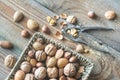 Assortment of nuts in the basket Royalty Free Stock Photo