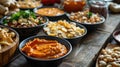 Assortment of nuts and dips in bowls on wooden cutting board Royalty Free Stock Photo