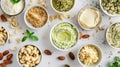 Assortment of nuts and dips in bowls on wooden cutting board Royalty Free Stock Photo