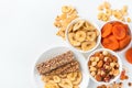 Assortment of nuts, dried fruits and granola bar. Healthy dessert, natural snacks.