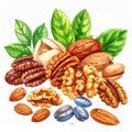 Assortment of Nuts with Green Leaves Royalty Free Stock Photo