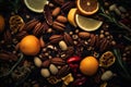 an assortment of nuts and oranges on a black background Royalty Free Stock Photo