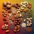 Assortment of nuts and seeds is arranged on a gradient background transitio Royalty Free Stock Photo