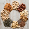 Assortment of nuts and seeds forms a circular arrangement on a rustic Royalty Free Stock Photo