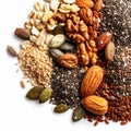 Assortment of Nuts and Seeds on White Background Top Down Close Up Shot Royalty Free Stock Photo