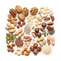 Pecans, almonds, hazelnuts, peanuts, cashews, Brazil nuts, pistachios, Royalty Free Stock Photo
