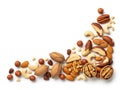 Assortment of Nuts on White Background Almonds, Walnuts, Cashews, Pecans, Hazelnuts Royalty Free Stock Photo