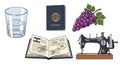 Assortment of objects including glass of water passport grapes and sewing machine Royalty Free Stock Photo