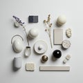 An assortment of objects on a white background, including smooth stones, a cerami Royalty Free Stock Photo