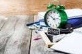 Assortment of office and school supplies on wooden table Royalty Free Stock Photo