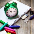 Assortment of office and school supplies on wooden table Royalty Free Stock Photo