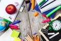 Assortment of office and school supplies on wooden table Royalty Free Stock Photo