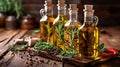 assortment of olive oil with herbs and seasonings in bottles Royalty Free Stock Photo