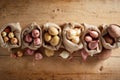 Assortment of onions and potatoes in sack bags Royalty Free Stock Photo