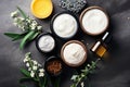 Assortment of organic beauty creams and scrubs with lavender and chamomile, luxury wellness