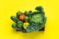 Assortment of organic green red raw vegetables savoy cabbage cucumbers zucchini avocado capsicums in wood box on yellow