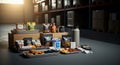 Assortment of packaged food products and snacks displayed in a warehouse setting Royalty Free Stock Photo