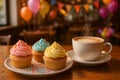 Assortment of pastel cupcakes and coffee cup in warm indoor setting with soft lights Royalty Free Stock Photo