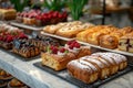 automated bakery display, an assortment of pastries and cakes elegantly displayed on a marble table in a charming self