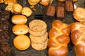 Assortment of pastries, croissants, chocolate cakes