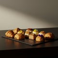 An assortment of pastries is neatly arranged on a dark, rectangular tray. The selection Royalty Free Stock Photo