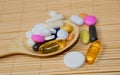 Assortment of pharmaceutical preparations, tablets and capsules on a spoon, on a bamboo mat