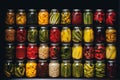 Assortment of pickled vegetables and canned goods neatly organized on display shelf Royalty Free Stock Photo