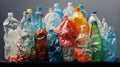 Assortment of plastic bottles of varying sizes and colors stacked in a cluster, AI-generated.